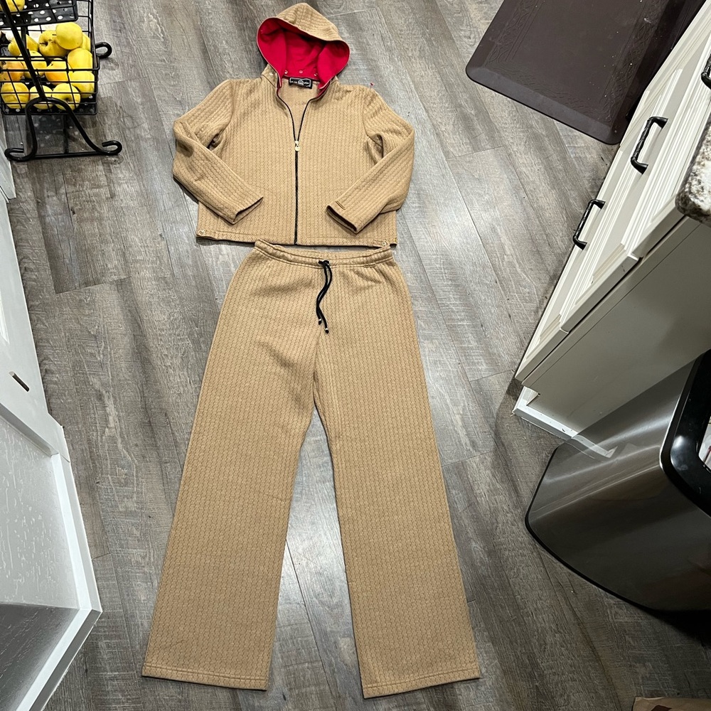 St. John Sport by Marie Gray Tan Knit Hoodie and Wide-Leg Pants with Red Lining